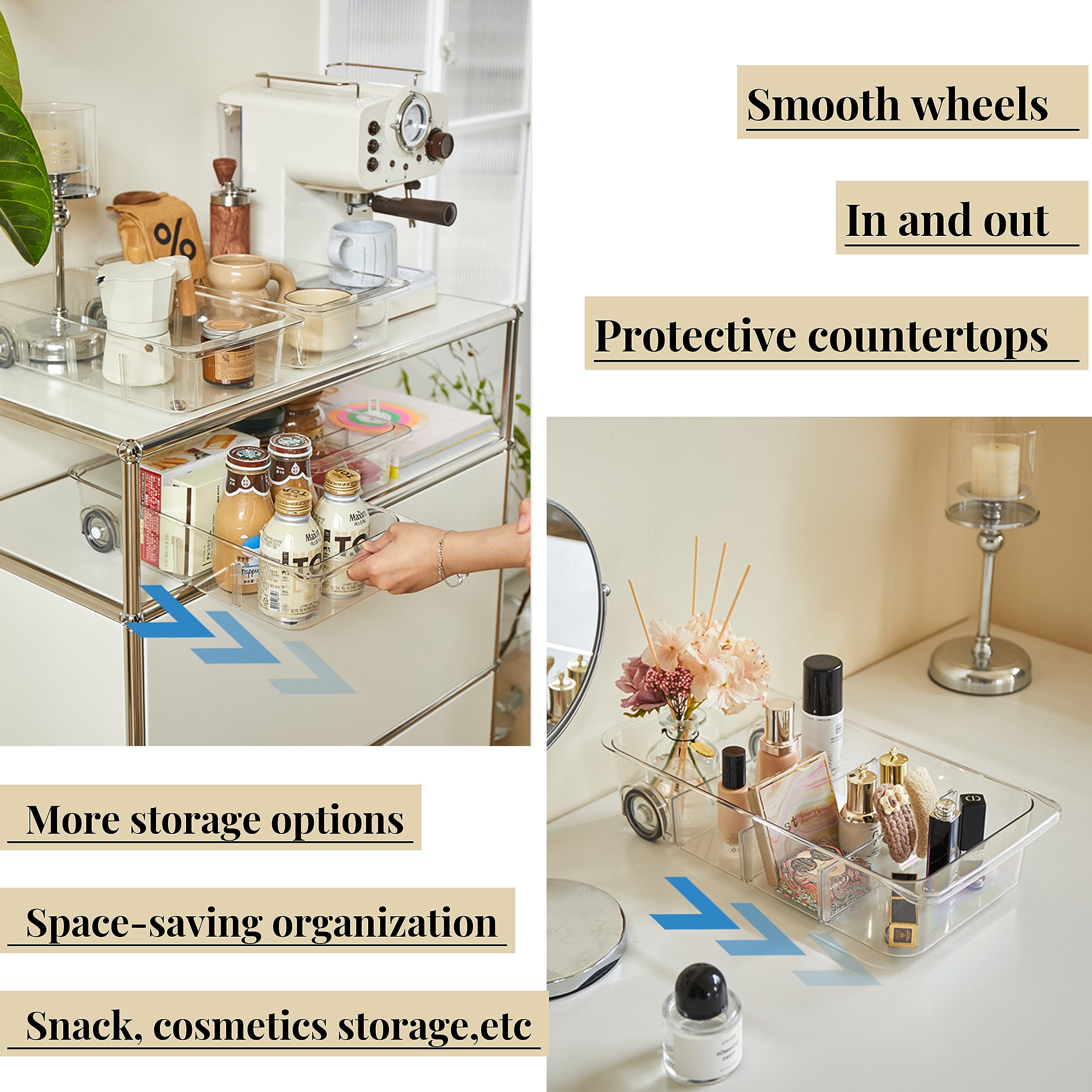 Attelite drawer next to cans showing dimensions and space-saving benefit