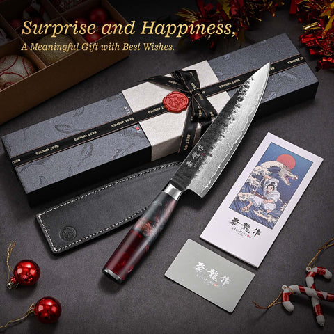 Atumuryou blade close-up highlighting 67-layer Damascus pattern and edge durability