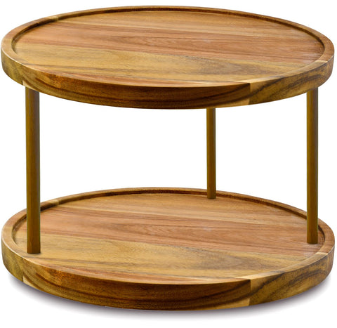 AUAM front view of two-tier acacia organizer shows neat storage benefit