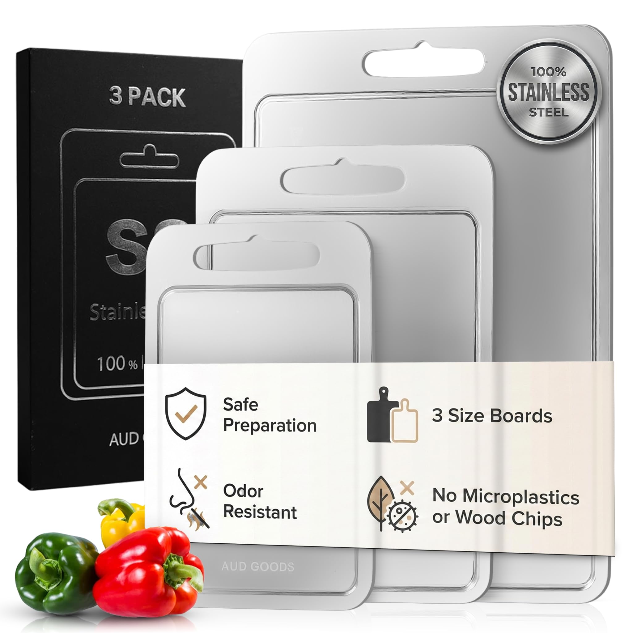 AUD Goods front packaging showing the steel cutting board set durable and organized