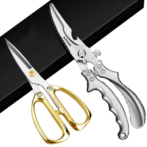 AUDAMI front packaging showing both heavy duty shears and golden utility scissors for value