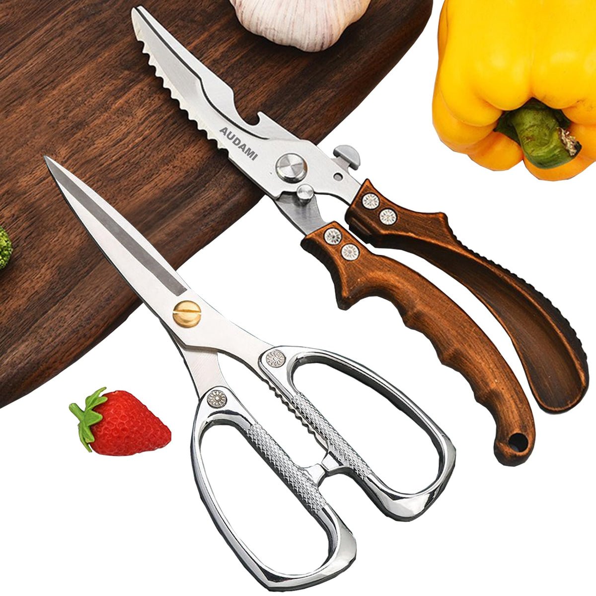 AUDAMI front view of two scissors set showing packaging and complete kit benefit