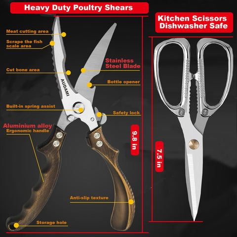 AUDAMI scissors cutting raw chicken demonstrating controlled heavy-duty cutting benefit