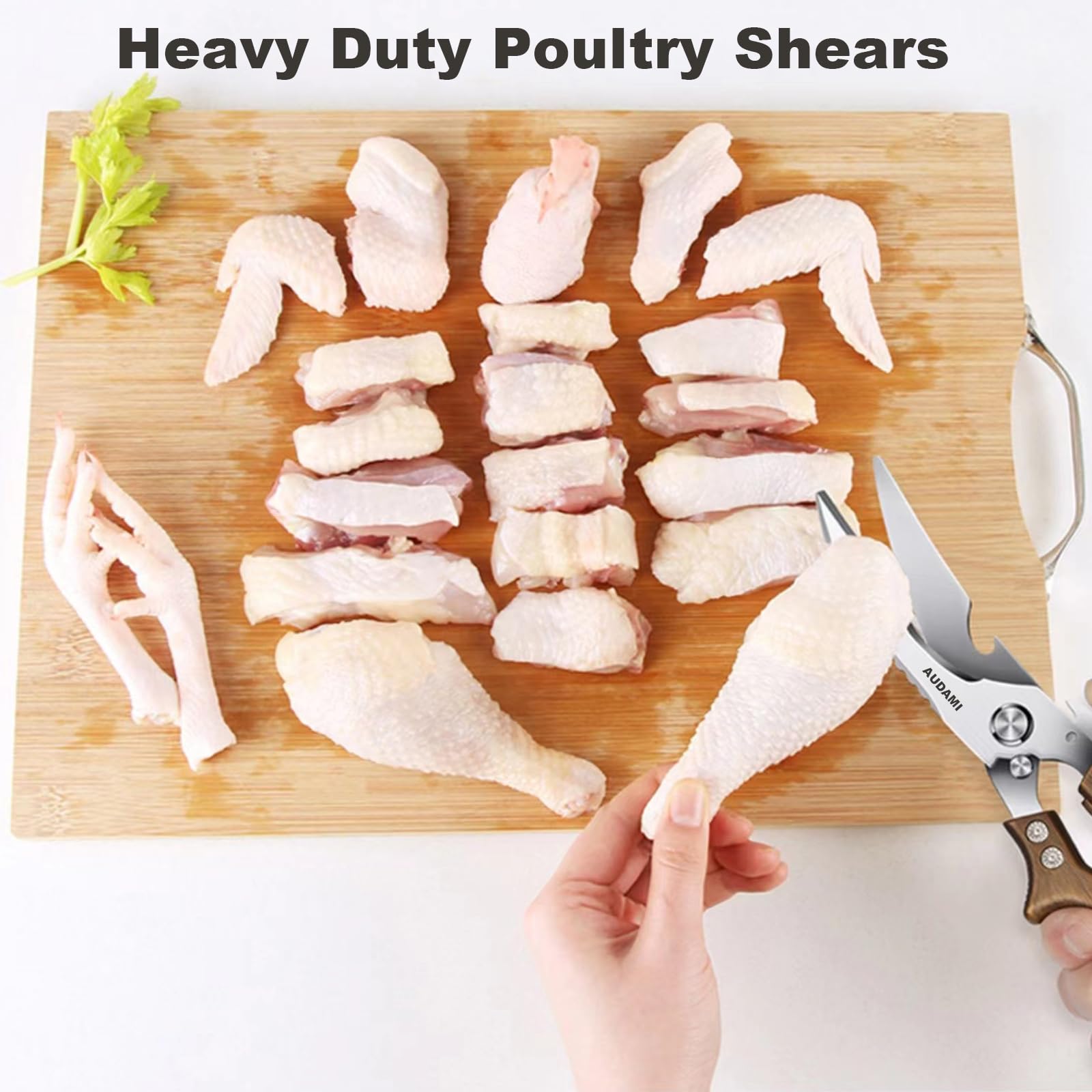 AUDAMI close-up of poultry shear blade showing serration and bone-grip advantage