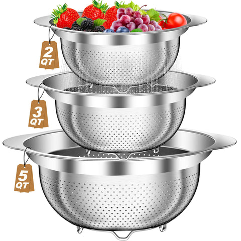 AUFETQ front view of stainless steel colander set showing durable finish and sizes