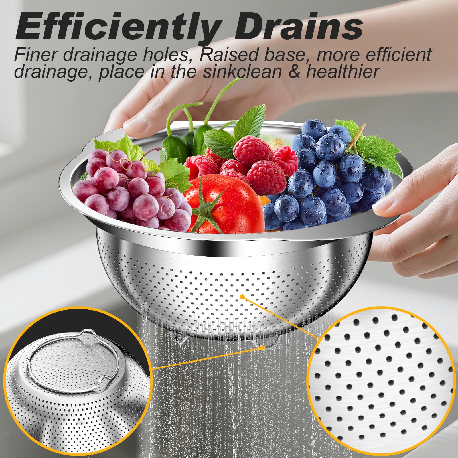 AUFETQ colander draining pasta in sink demonstrating quick water release