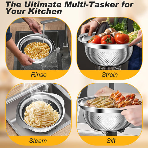 AUFETQ nested colander set illustrating space-saving storage in cabinet