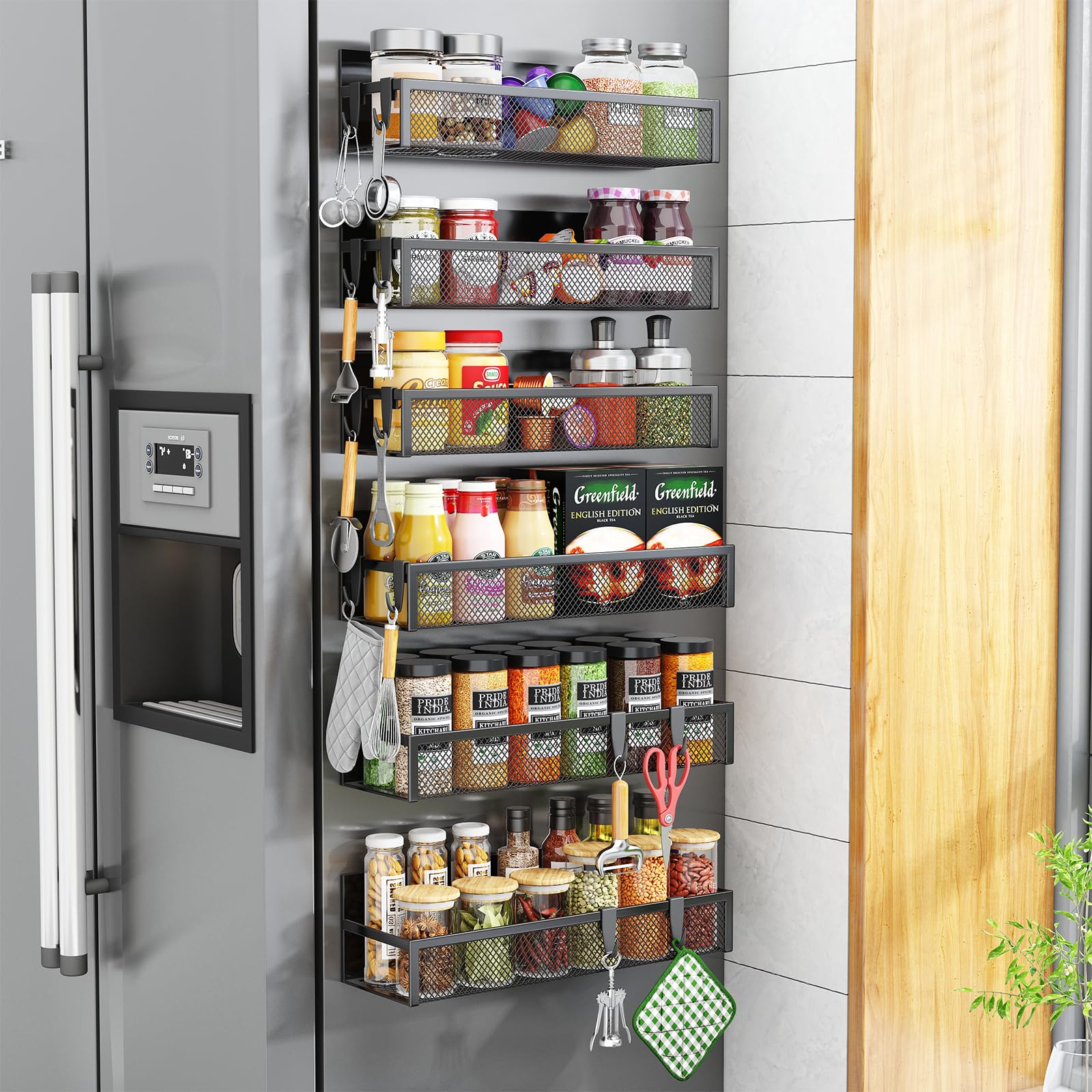 Aufworld magnetic shelf front view showing neat spice storage and strong hold