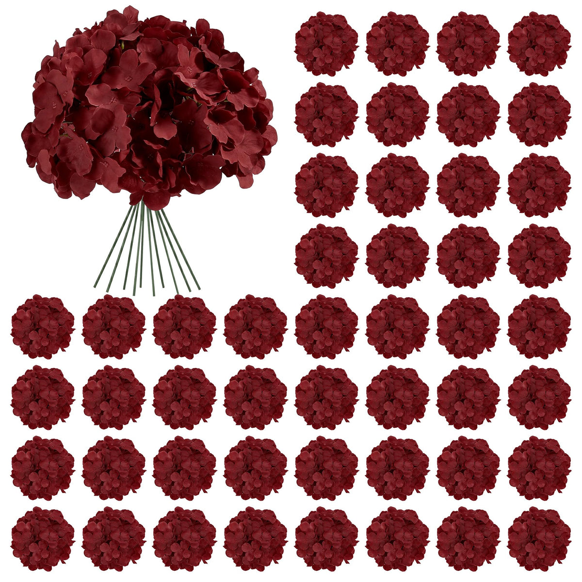 Auihiay front packaging showing 64 burgundy hydrangea heads, easy event prep