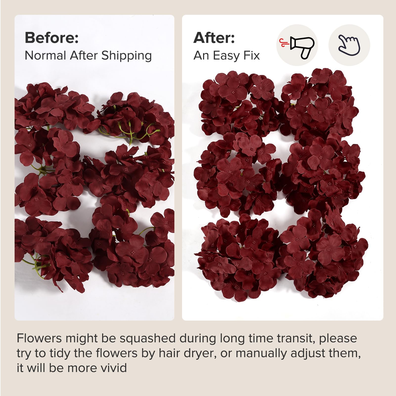 Auihiay petals fluffed after low-heat dryer, restores natural fullness