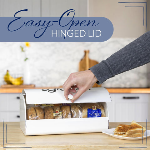 AuldHome Design bread box close-up of knob for easy opening and control