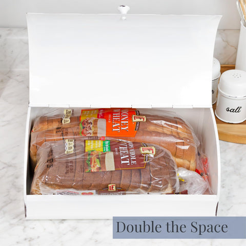AuldHome Design bread box with roll-top open for quick access to contents