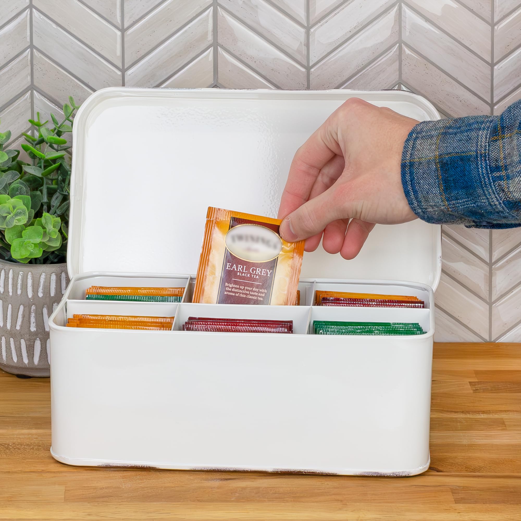 AuldHome Design tea box open compartments showing five dividers for easy sorting