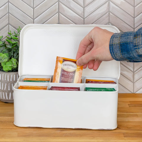 AuldHome Design tea box open compartments showing five dividers for easy sorting