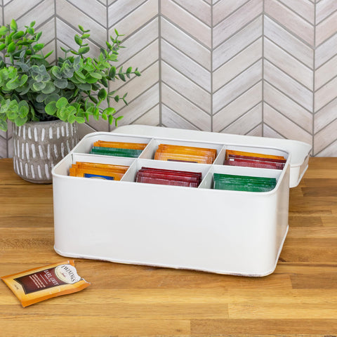AuldHome Design tea box beside ruler showing compact size and fit on shelves