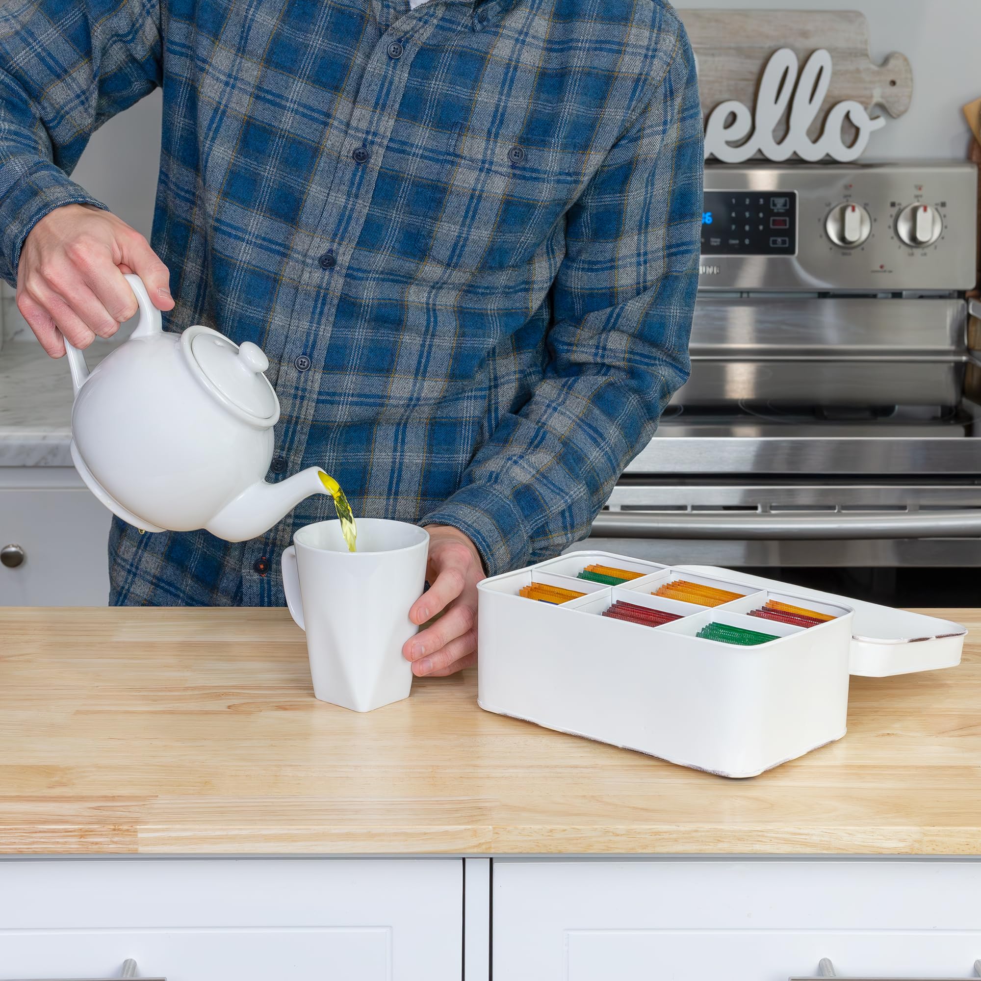 AuldHome Design tea box holding craft supplies showing versatile organization use
