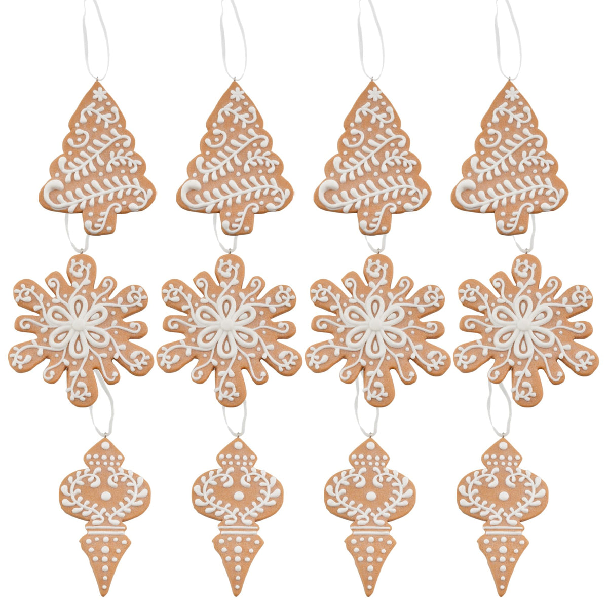 AuldHome Design front view of gingerbread cookie ornaments shows warm vintage charm