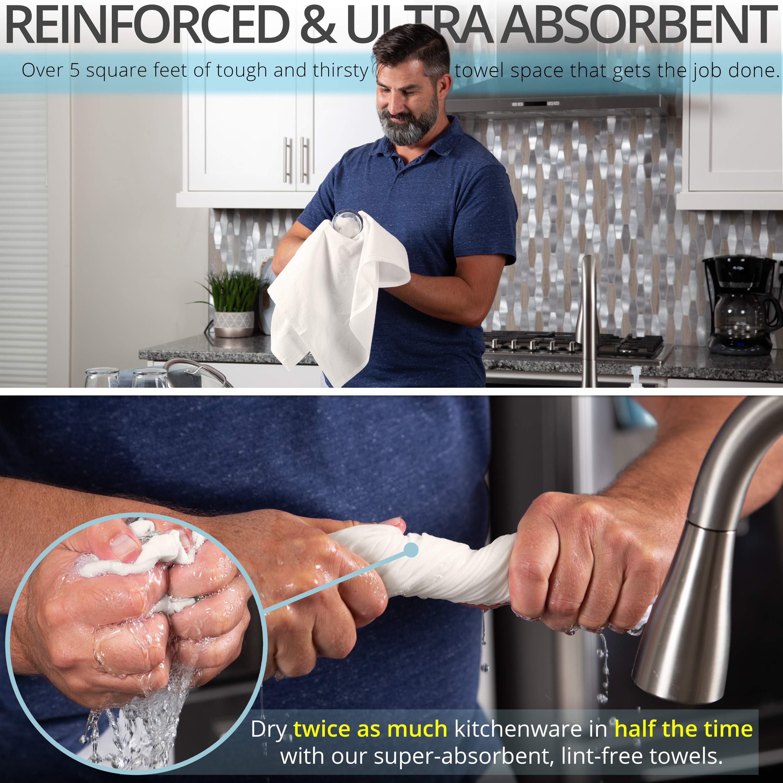 Aunti Em's Kitchen towel in use drying glassware with zero-lint finish for streak-free shine