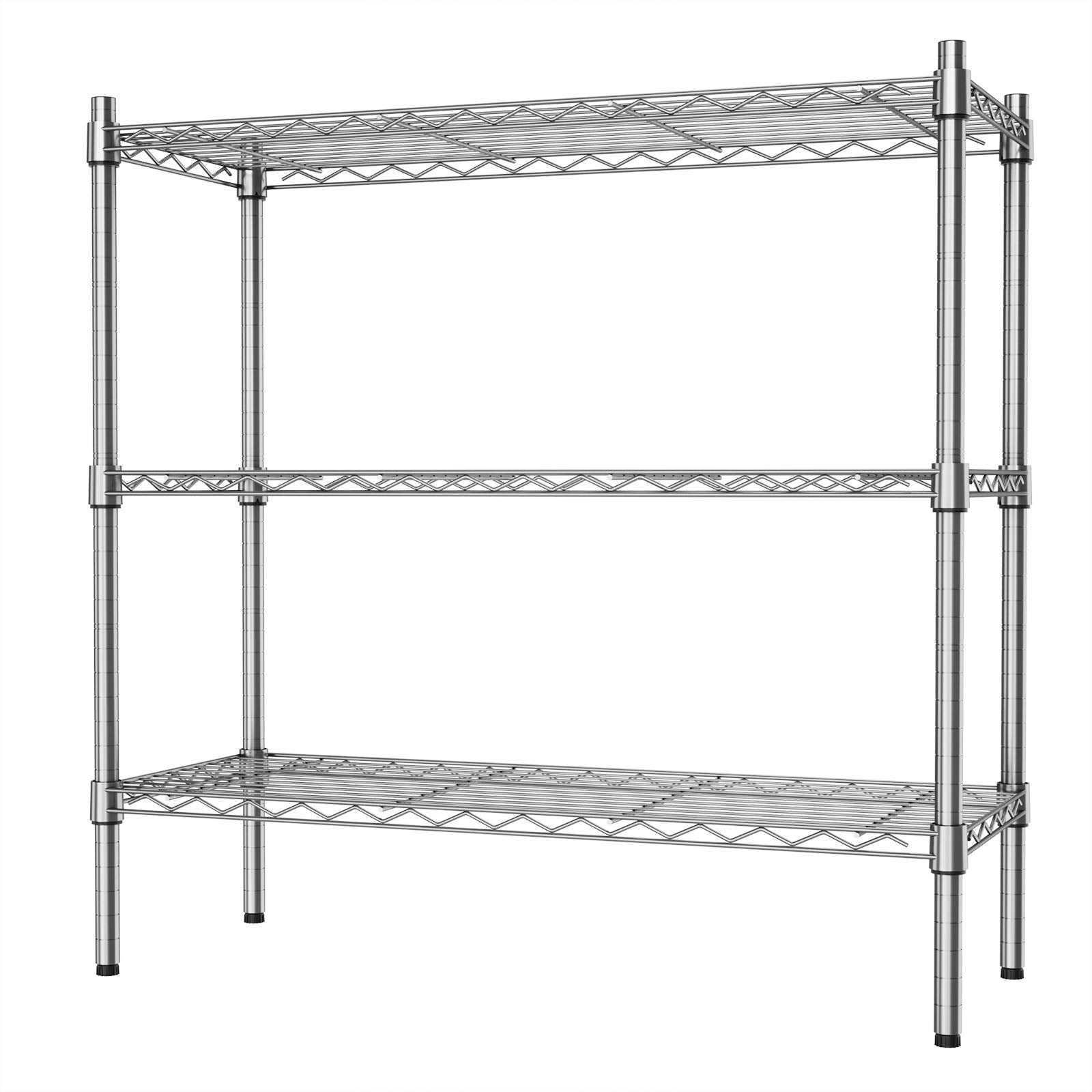 Auslar front view of 3-tier chrome shelving showing compact organization benefit