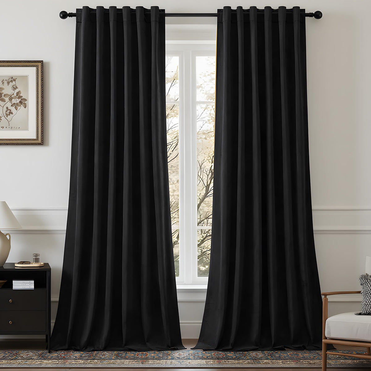 AUSSPVOCT front view of two black velvet panels showing full coverage and elegant look
