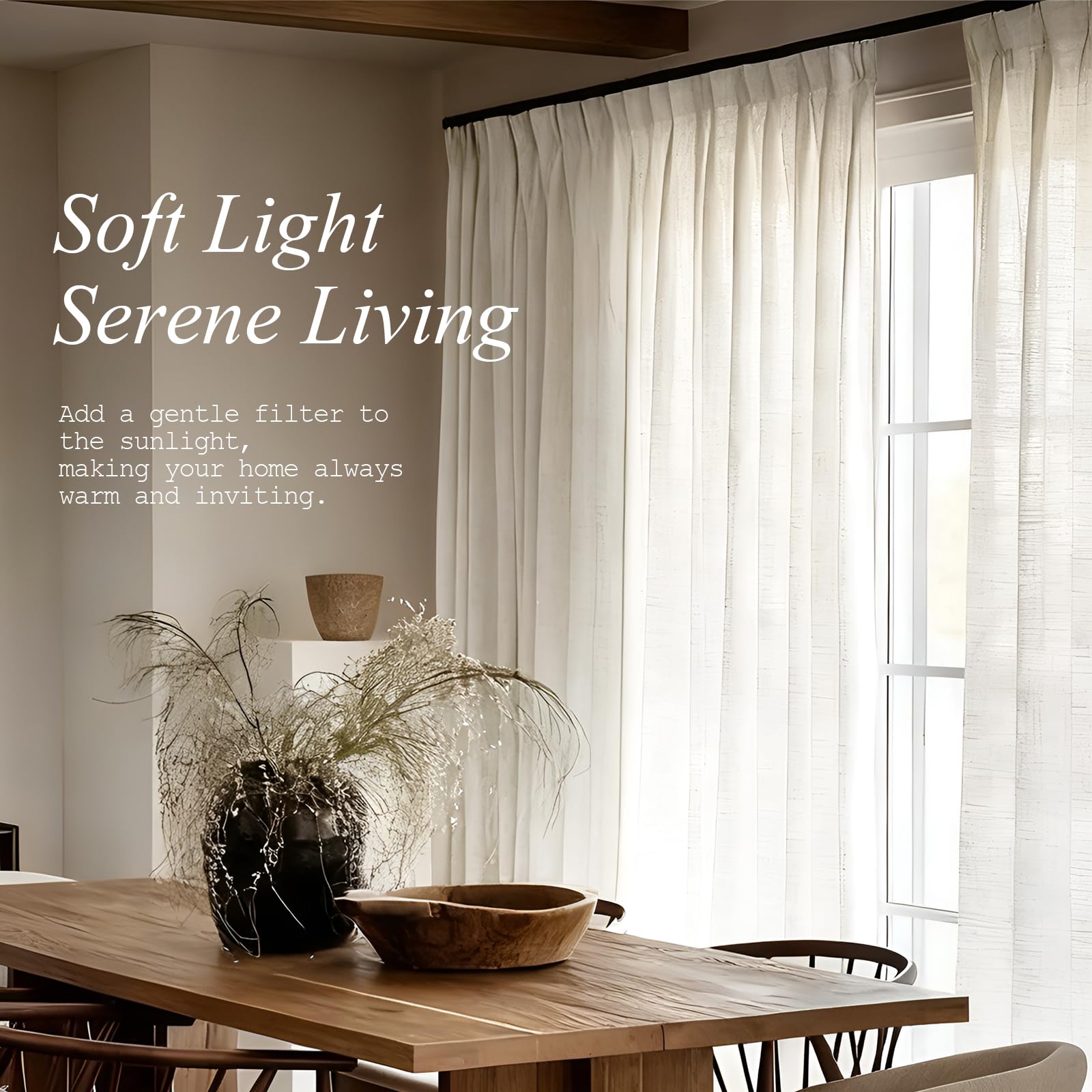 AUSSPVOCT curtains installed across living room window with furniture, softens sunlight for comfortable ambience