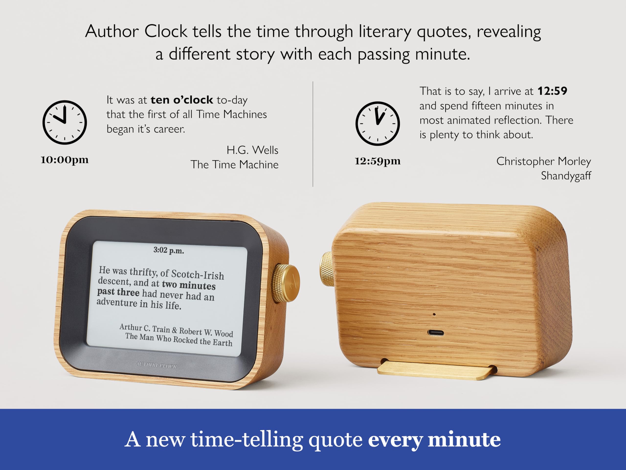 Author Clock closeup of E‑Ink display text, Author brand enhances readable paper feel