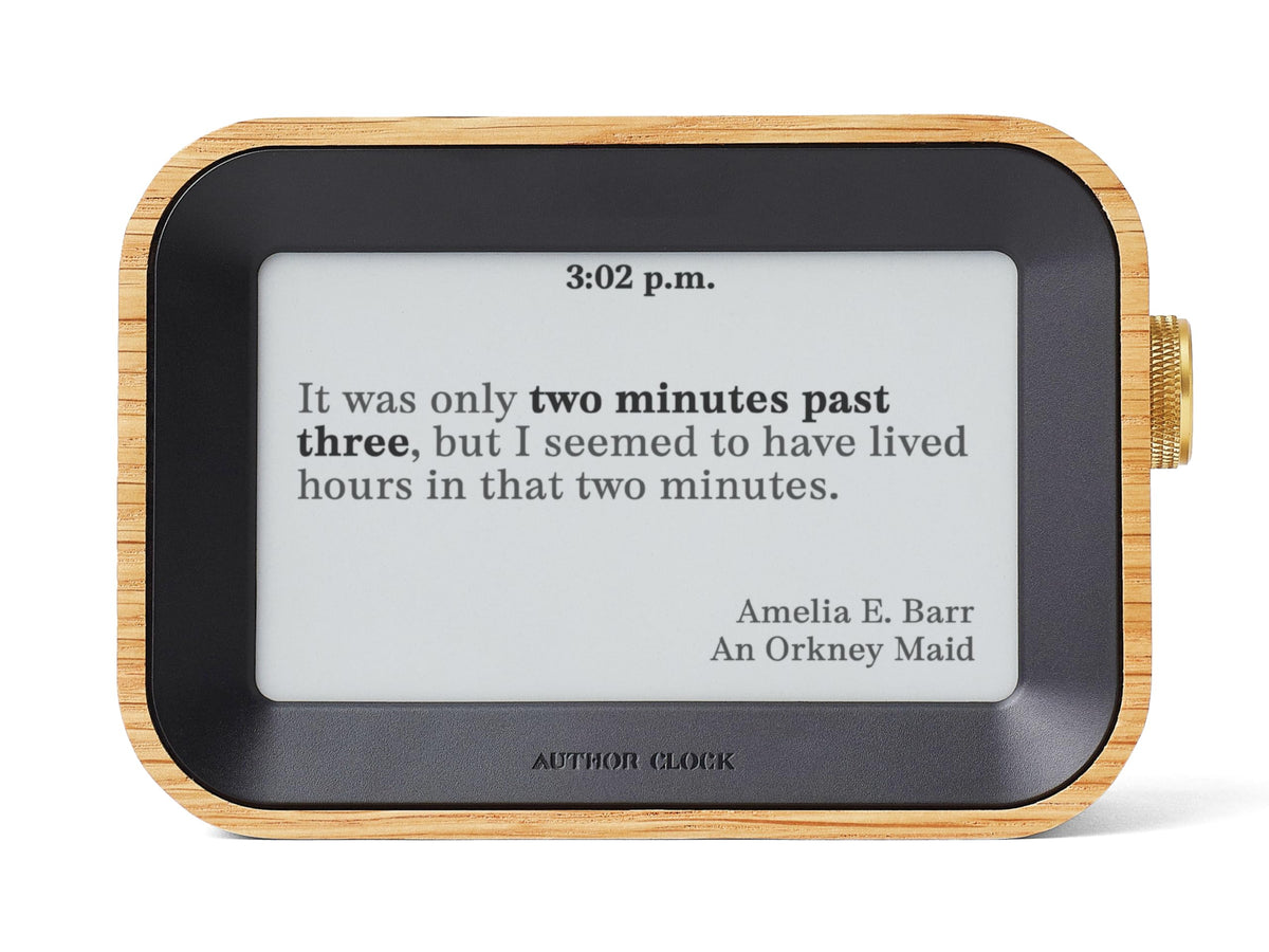 Author Clock front view showing quote display and stylish frame, inspires daily reading