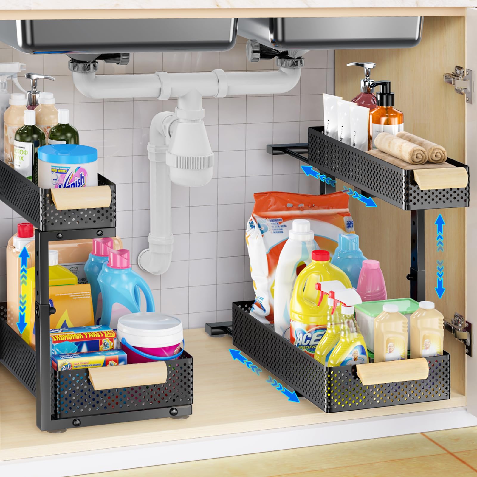 auzev front view of two-tier pull-out trays showing organized storage and quick access