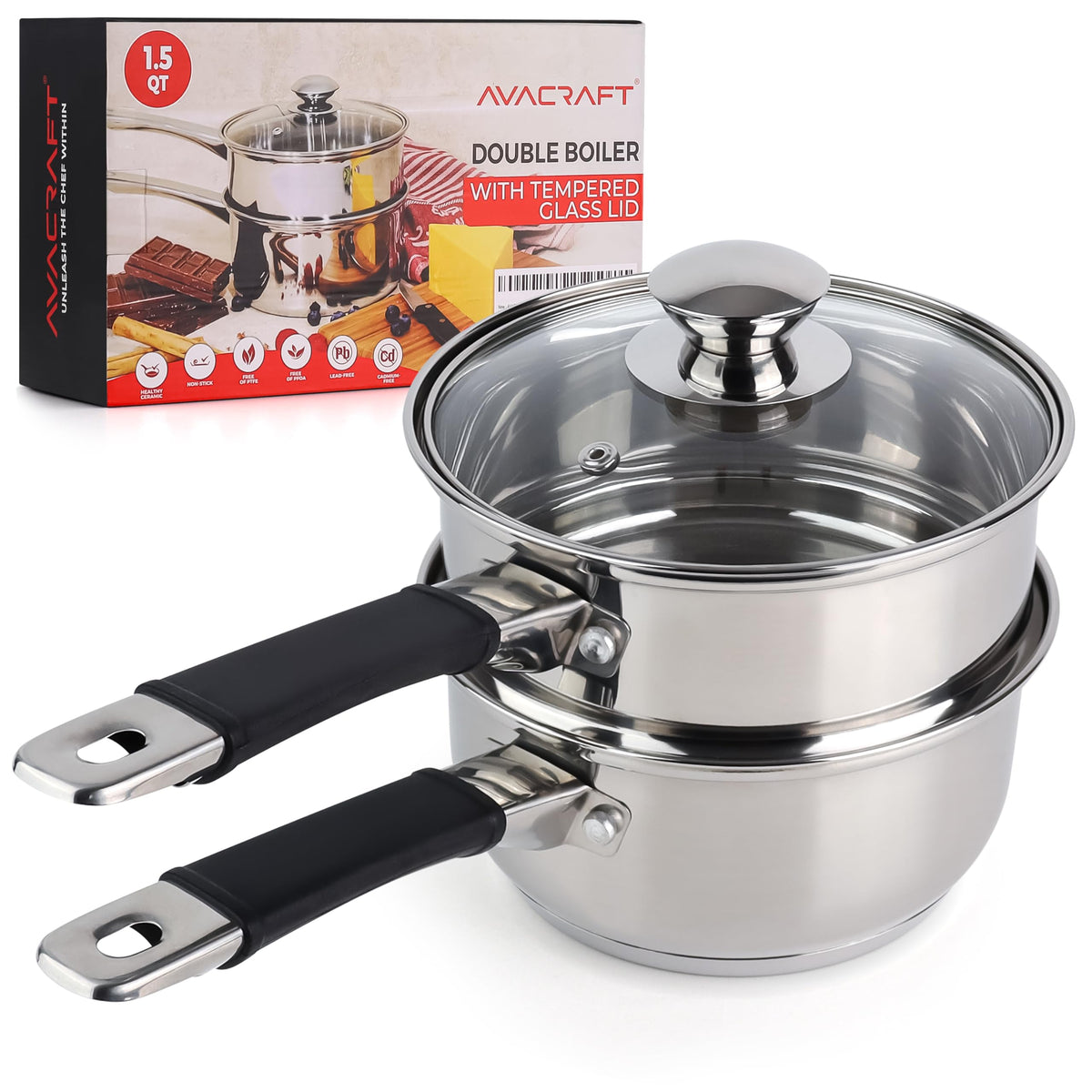 AVACRAFT double boiler front view showing polished stainless steel and compact shape for reliable melting