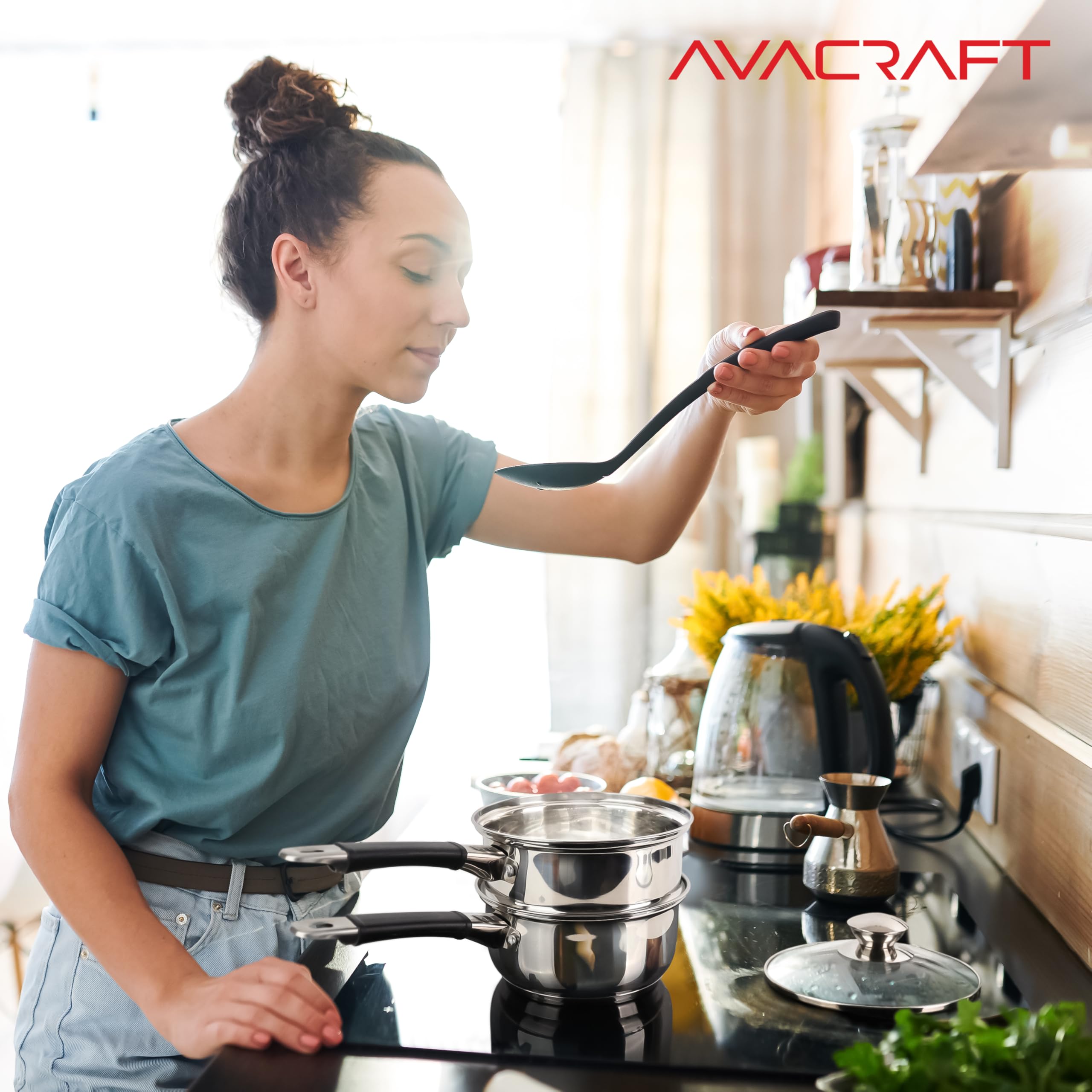 AVACRAFT double boiler set on kitchen counter in a lifestyle scene illustrating small-batch cooking convenience