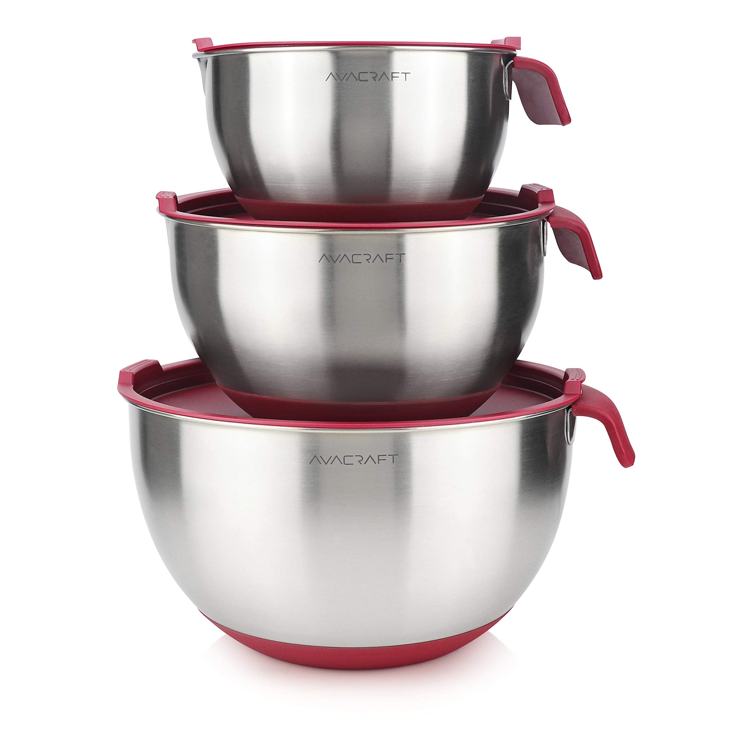 AVACRAFT front view of red nesting bowls with lids showing set and color benefit