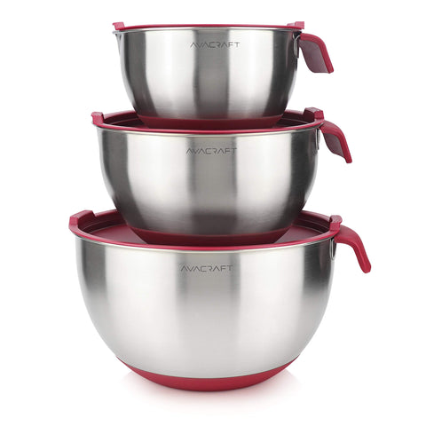 AVACRAFT front view of red nesting bowls with lids showing set and color benefit