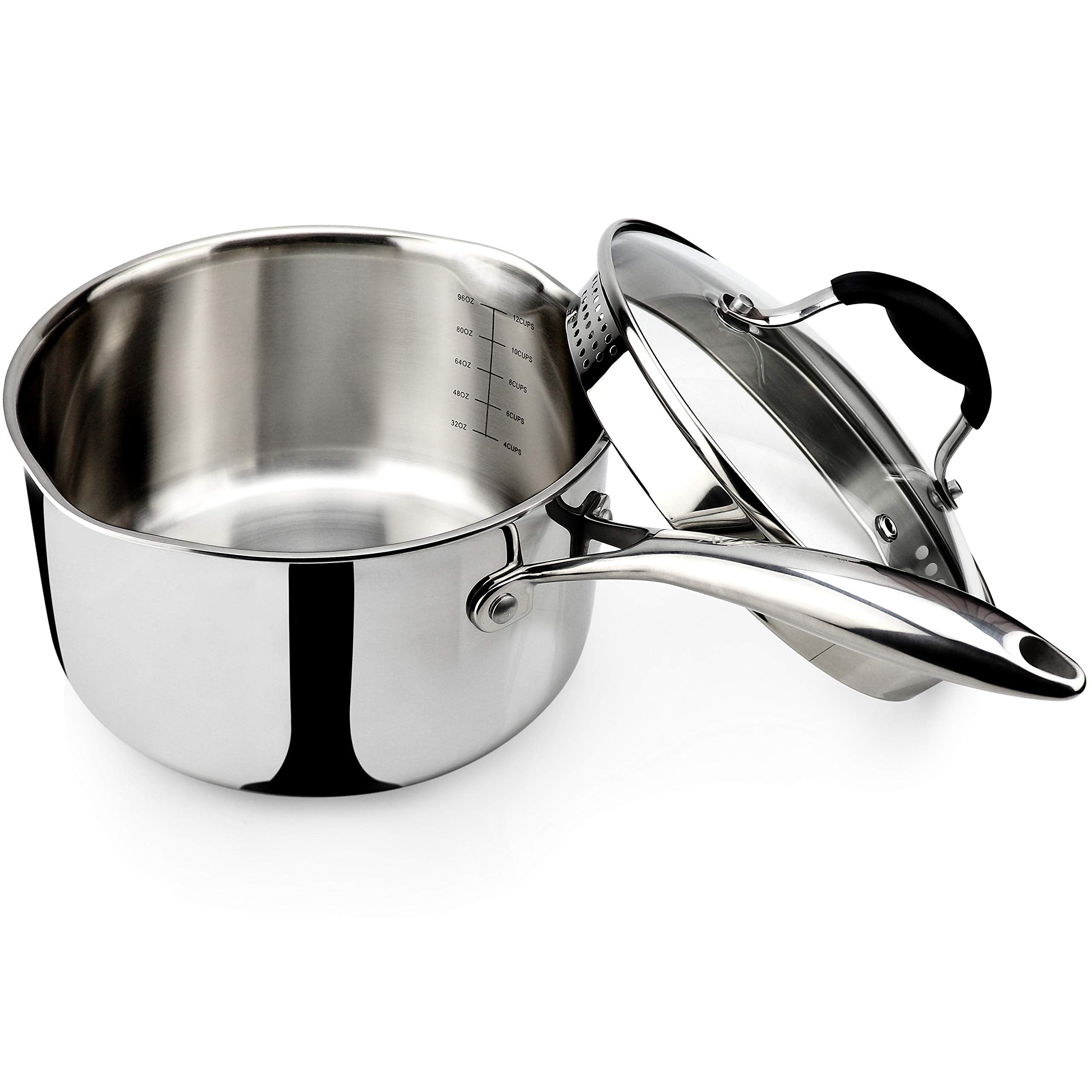 AVACRAFT front view of saucepan showing polished exterior and glass lid for stylish cooking