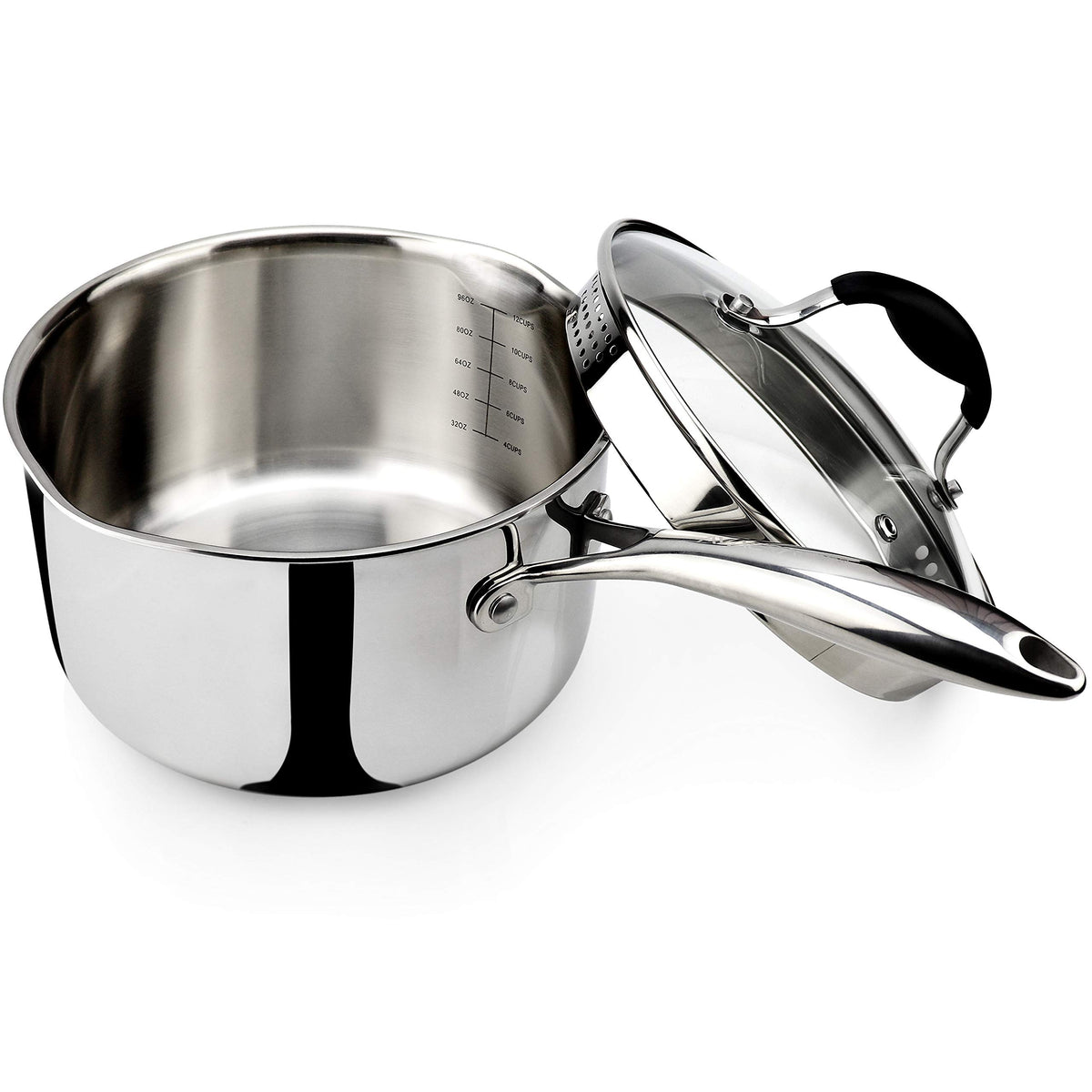 AVACRAFT front view of saucepan showing polished exterior and glass lid for stylish cooking