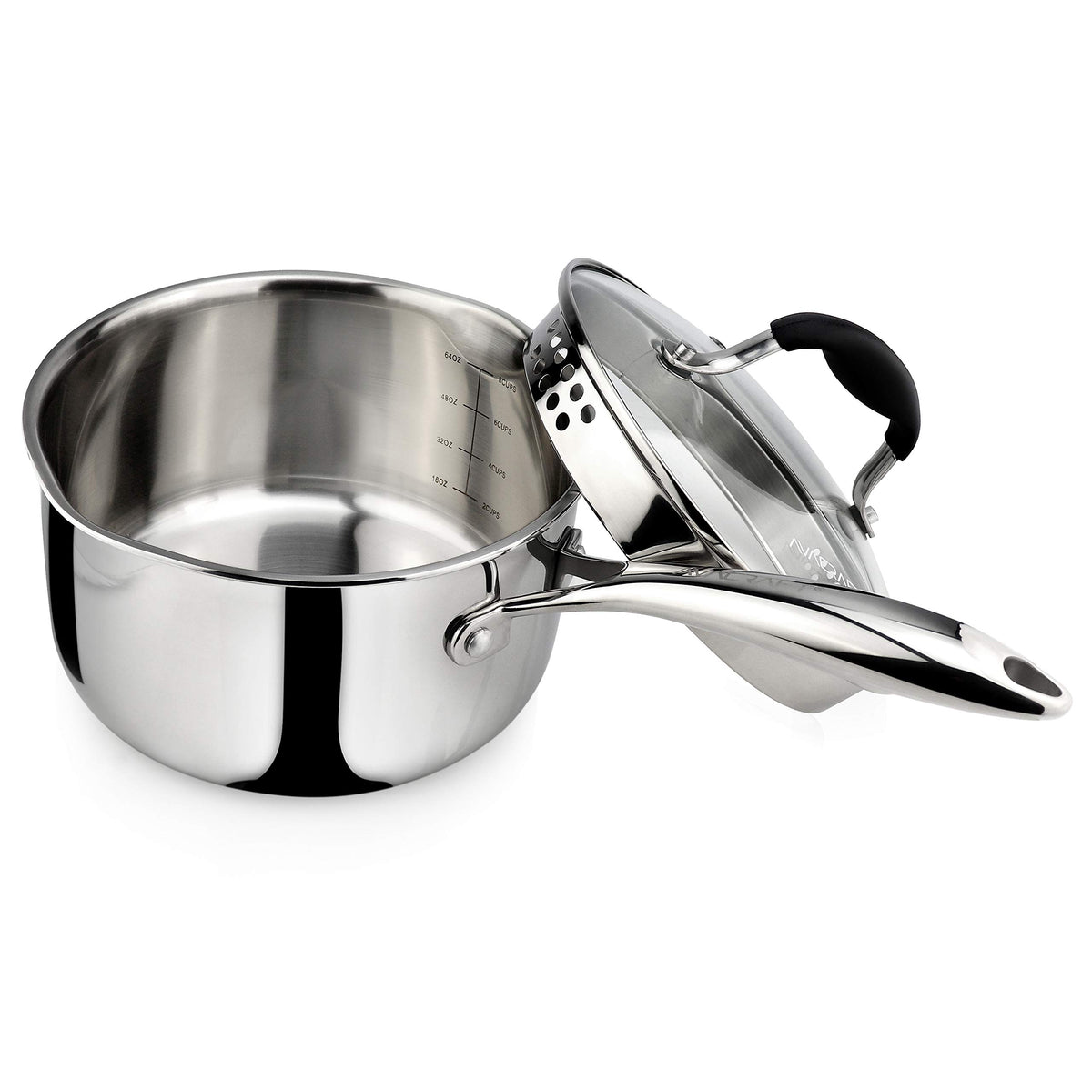 AVACRAFT front view of saucepan showing sleek mirror finish and lid benefit