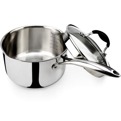 AVACRAFT front view of saucepan showing polished exterior and glass lid for stylish cooking