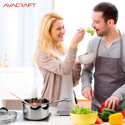 AVACRAFT saucepan in use on stovetop boiling pasta for convenient one-pot straining
