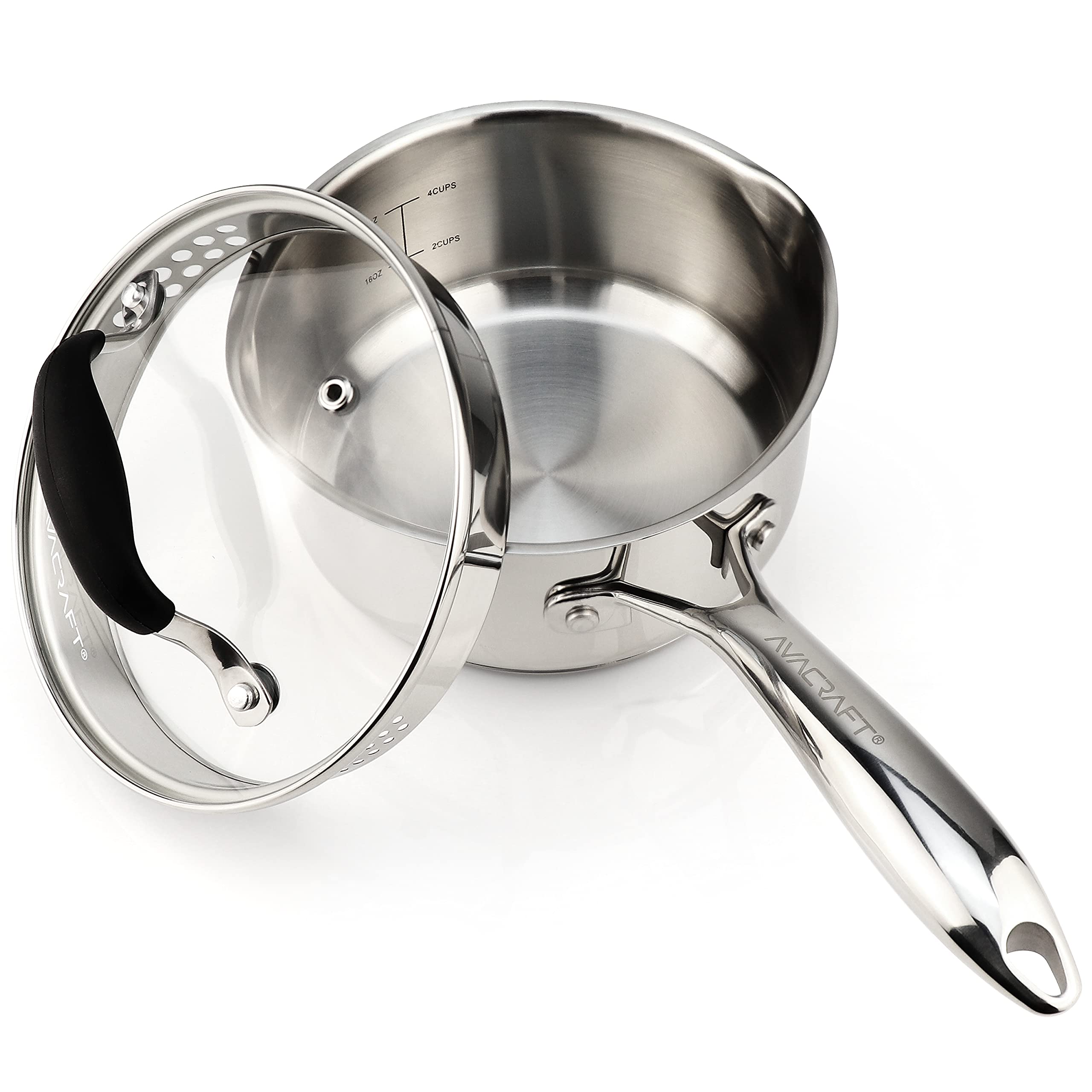 AVACRAFT front view of saucepan showing balanced handles and polished finish