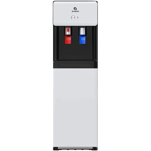 Avalon open bottom-loading cabinet revealing bottle compartment for spill-free refills