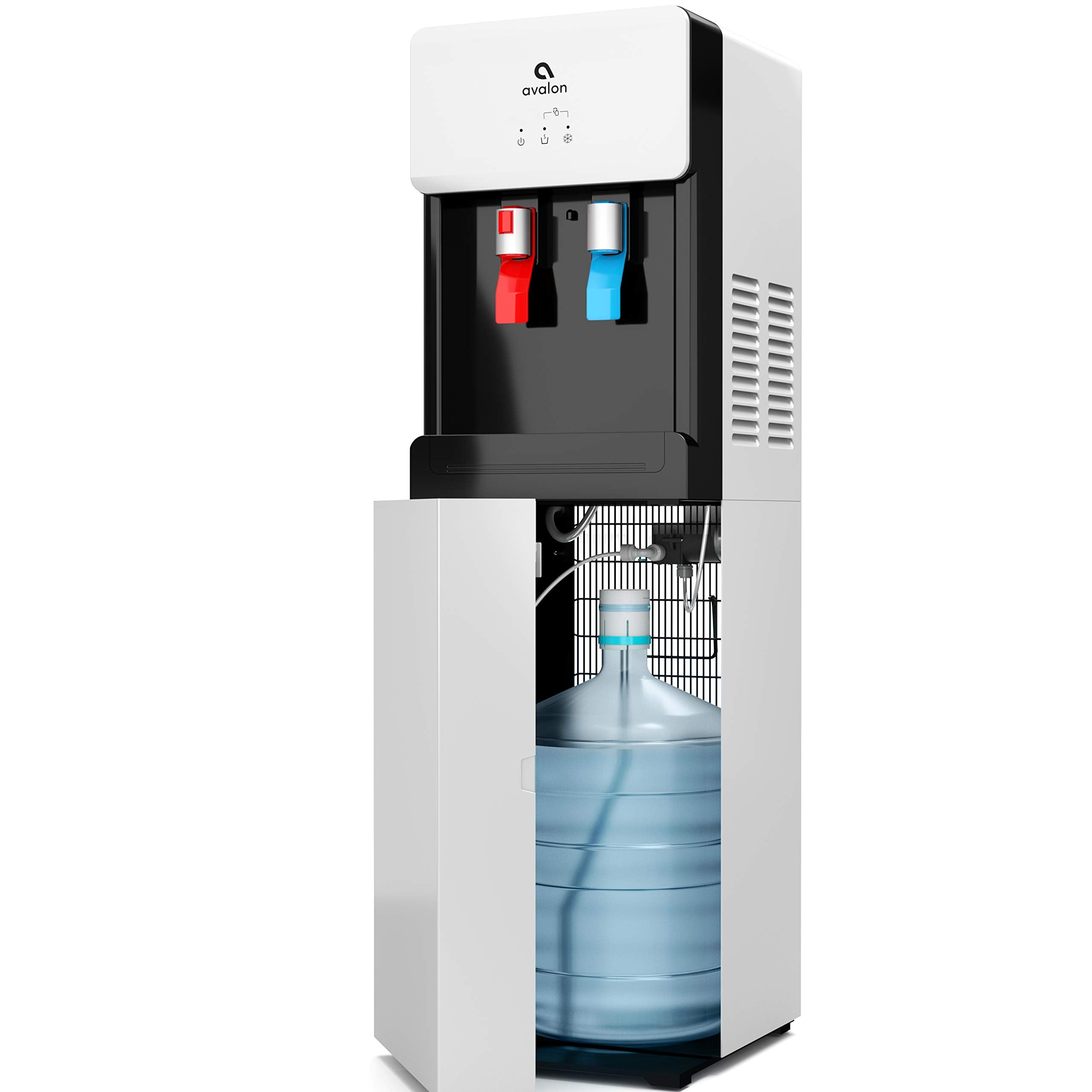 Avalon front view white dispenser showing sleek shape and easy access benefit