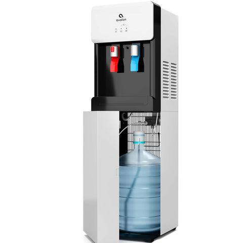 Avalon front view white dispenser showing sleek shape and easy access benefit