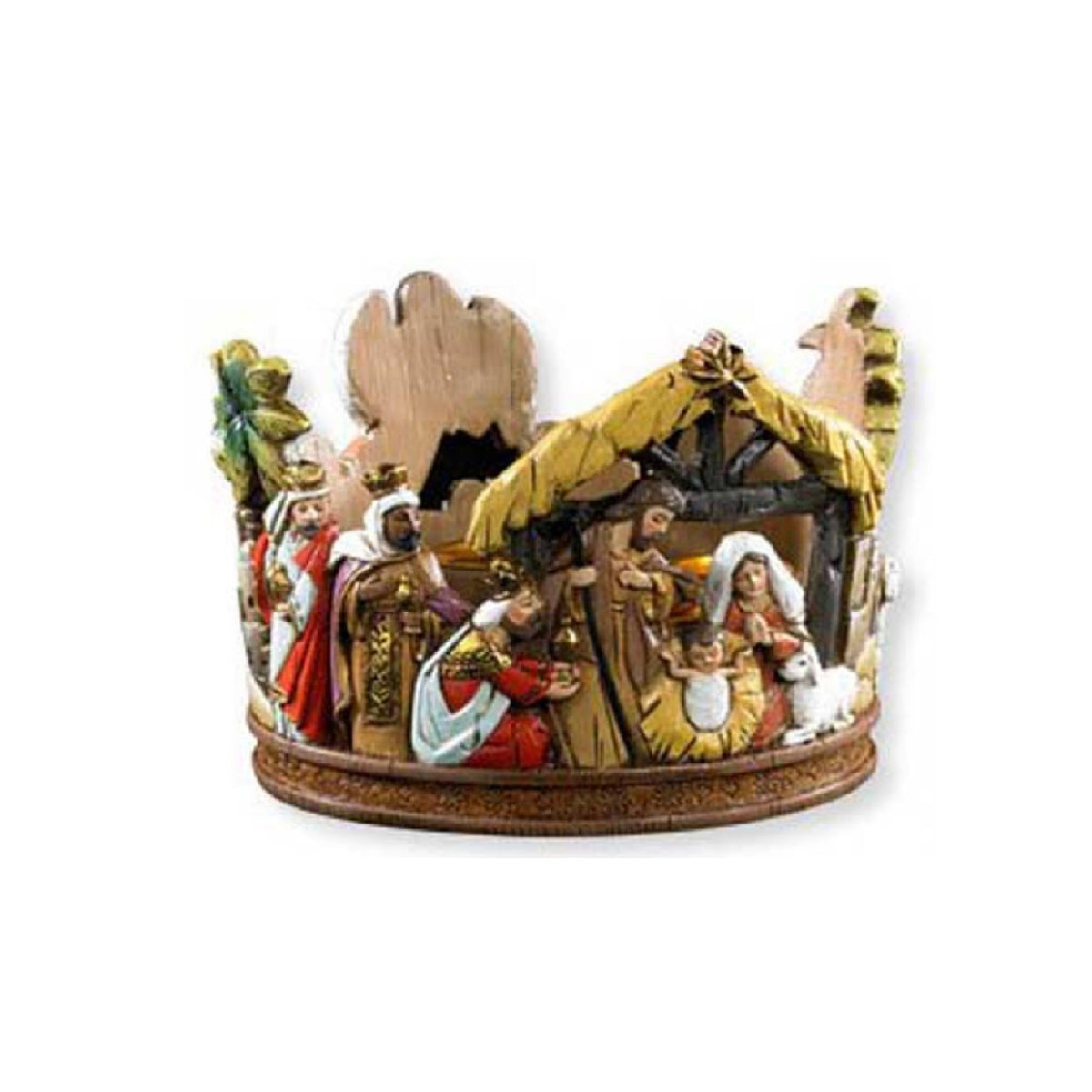 Avalon Gallery front view wreath candle holder shows nativity and candle sockets for meaningful display