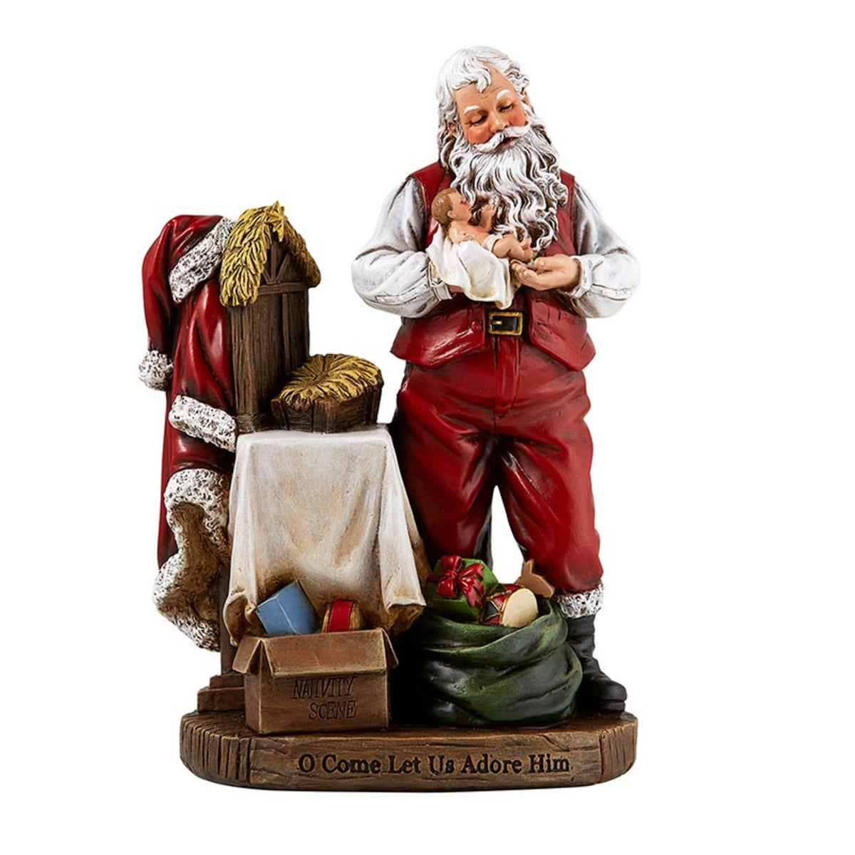 Avalon Gallery front view of statue showing Santa holding infant Jesus, evokes reverence