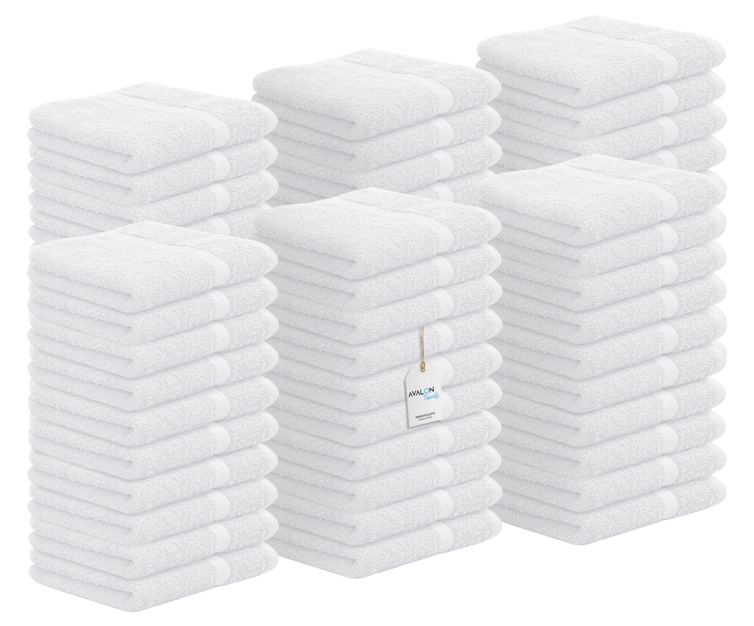 Avalon Towels front packaging showing 60-pack and white towels, great value