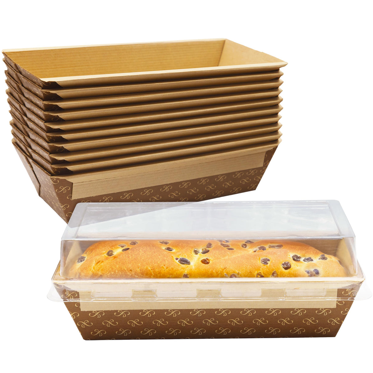 Avant Grub front view of kraft 1 lb loaf pan showing elegant finish and benefit