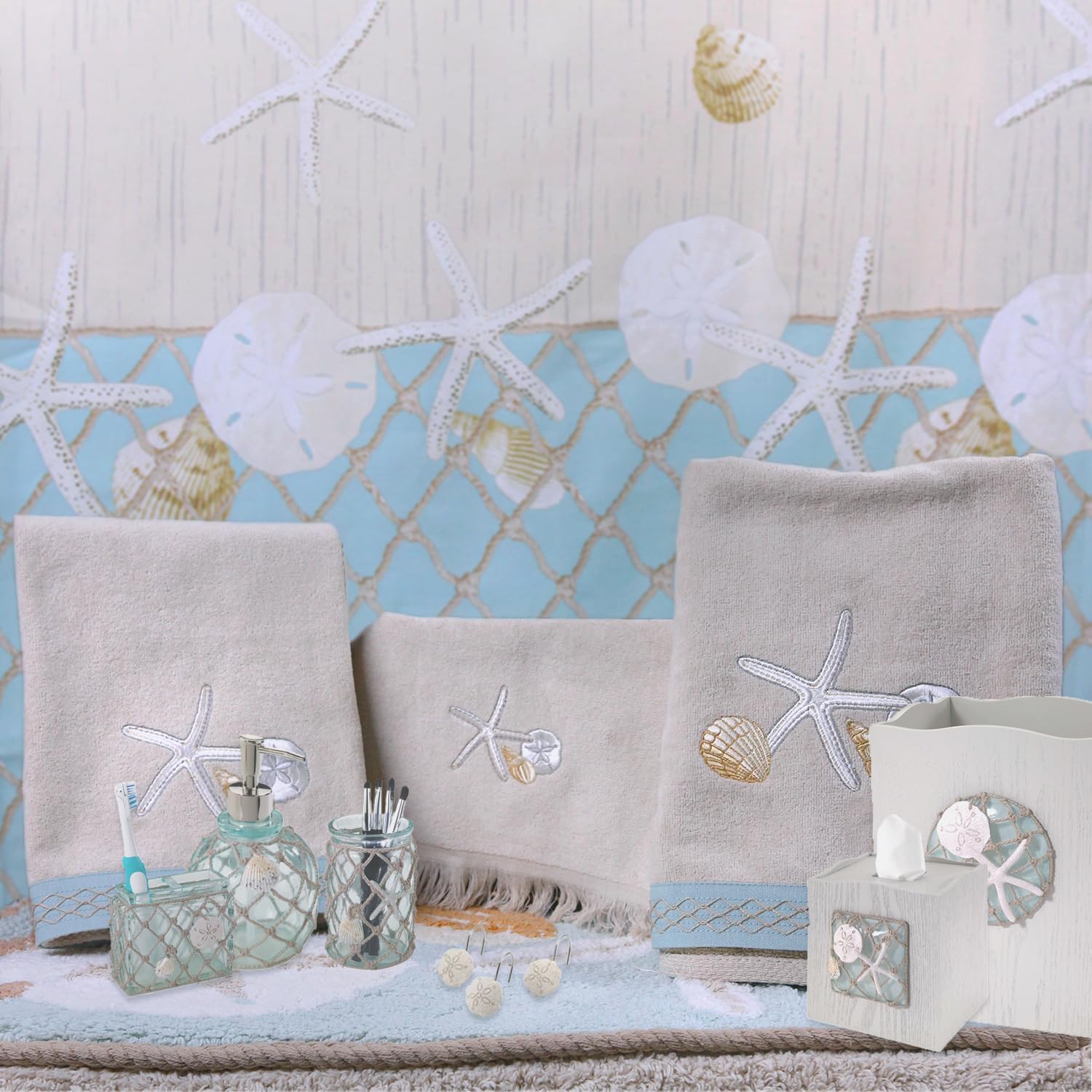 Avanti Linens jar styled on bathroom counter demonstrating tidy storage and coastal decor