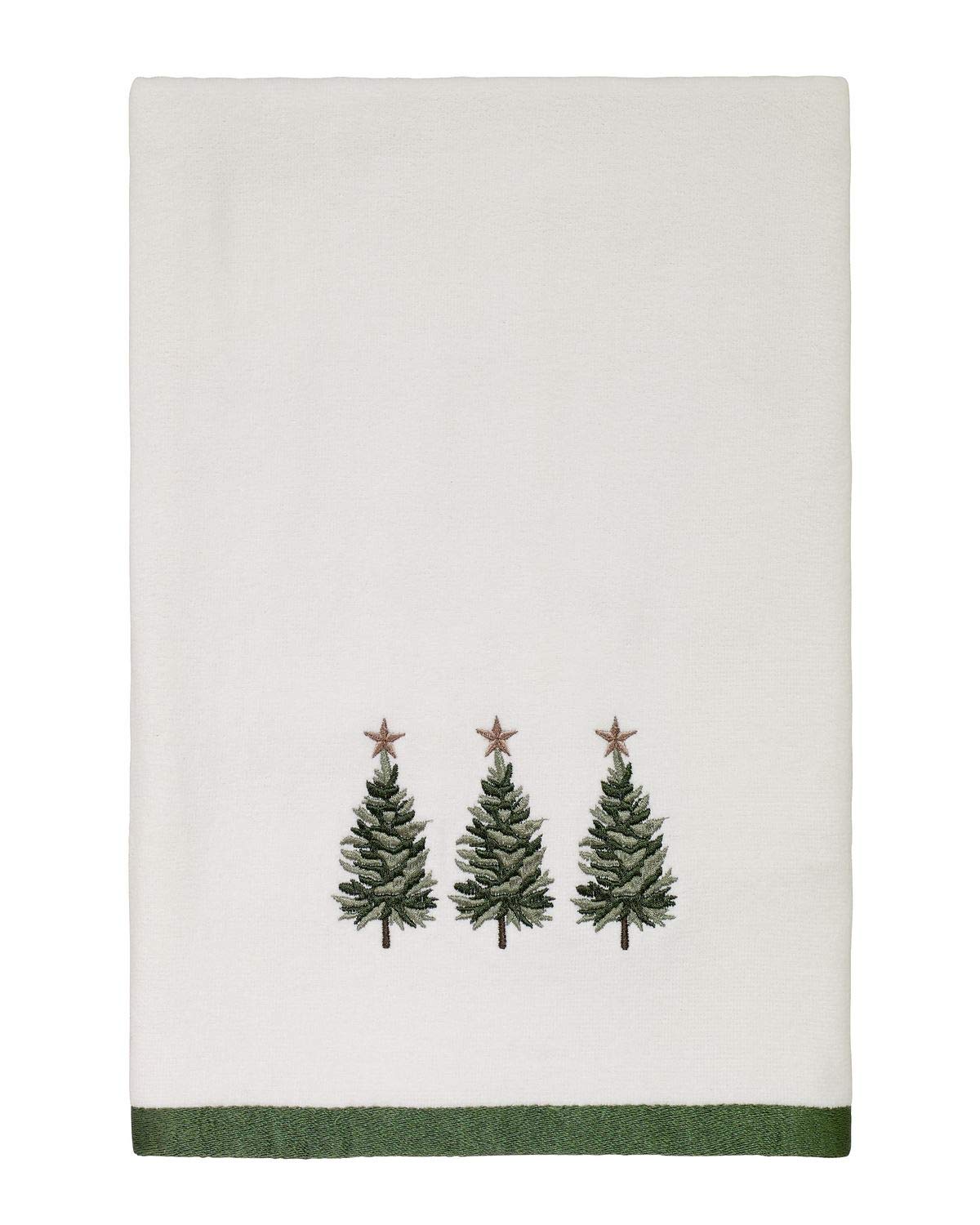 Avanti Linens towel front view showing embroidered trees and green border for festive style