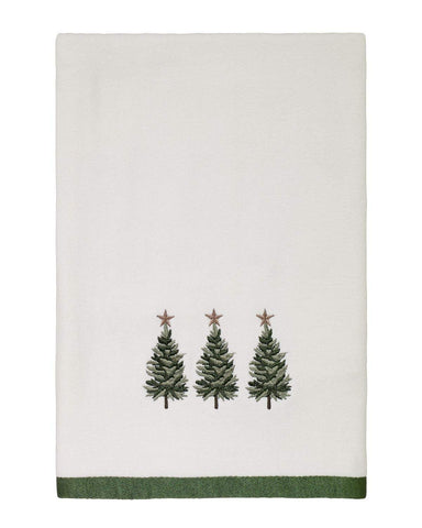 Avanti Linens towel front view showing embroidered trees and green border for festive style