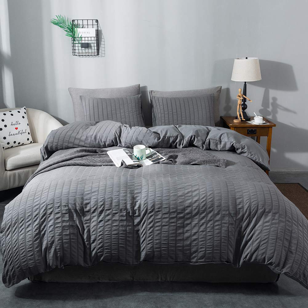 AveLom gray duvet cover front view showing textured seersucker elegance and cozy appeal