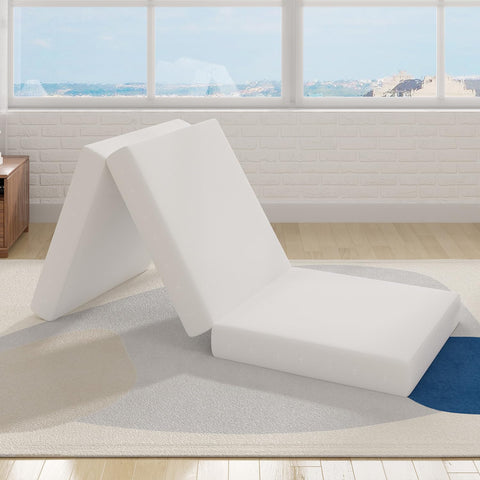 Avenco folding mattress front view showing compact twin size and neat cover, travel convenience